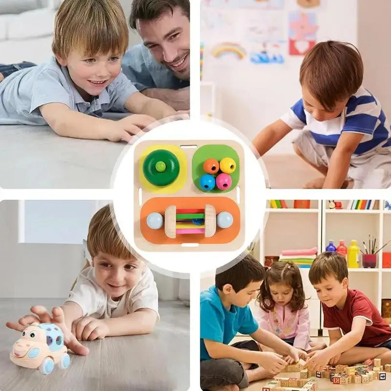 Collage of children enjoying interactive fun with colorful toys. Top-left: Smiling child with adult using a wooden sensory board. Top-right: Striped shirt child plays on the floor. Bottom-left: Child pushes a toy car. Bottom-right: Three kids build with blocks and assorted toys in the center.