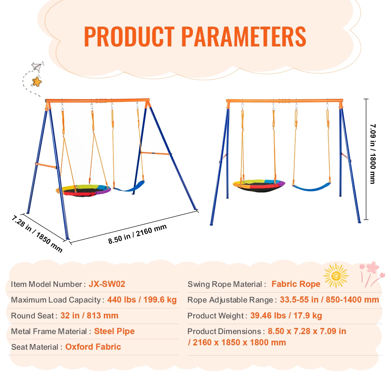 Description of the Backyard Adventure Swing Set for Kids including swing dimensions, robust materials, weight, model number, and load capacity. Features versatile options: saucer and belt swings with specific size and material details.