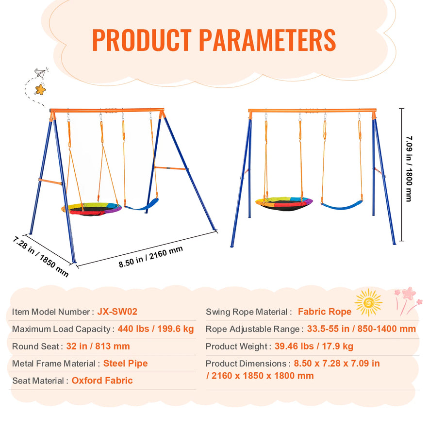 Description of the Backyard Adventure Swing Set for Kids including swing dimensions, robust materials, weight, model number, and load capacity. Features versatile options: saucer and belt swings with specific size and material details.