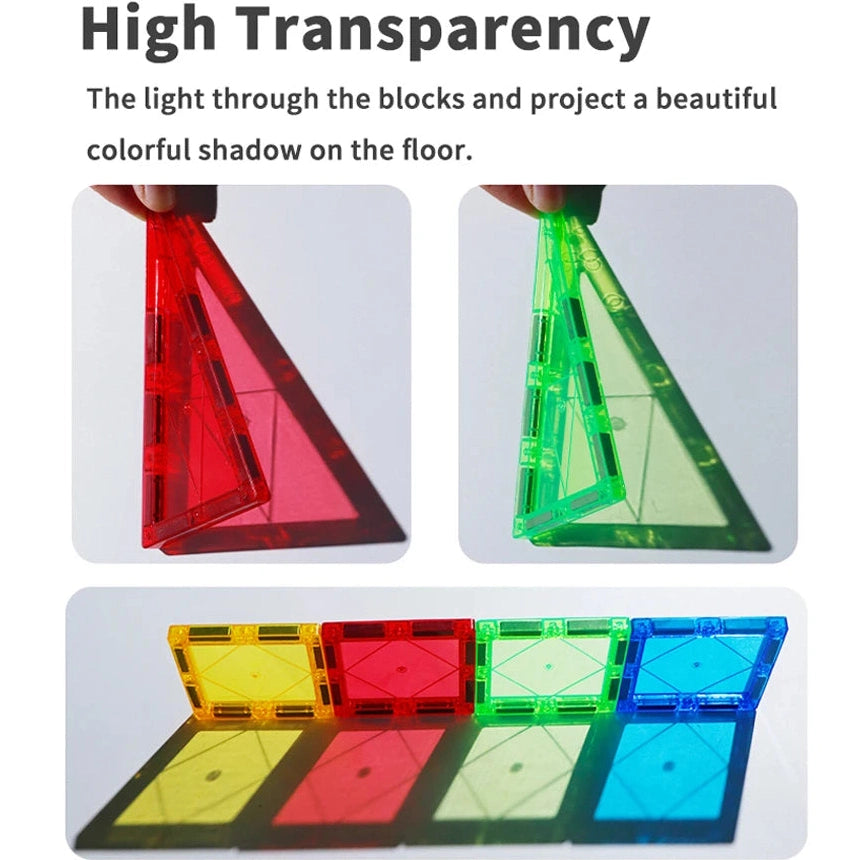 The Magplayer Magnetic Building Blocks set is shown. The top image features a person holding red and green triangular tiles casting shadows. The bottom image displays aligned blocks creating colorful shadows on a white surface, ideal for educational play with red, green, yellow, and blue blocks.