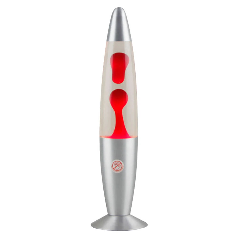 The Luminous Volcano Lava Jellyfish LED Night Light is a silver lamp with red wax in clear liquid, featuring an elongated design and metallic base. It creates abstract shapes for a soothing ambiance, perfect as a 25W atmosphere lamp for home decor.