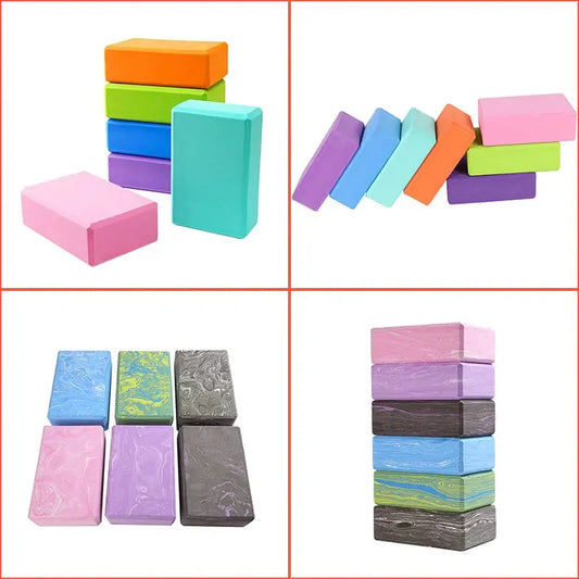 Collage of yoga blocks: Top left in bright solids, top right pastel shades, bottom left marbled textures (blue, pink, gray) inspired by Montessori Sensory Balance Stone designs; Bottom right shows stacked marbled blocks in pink, gray, and green.