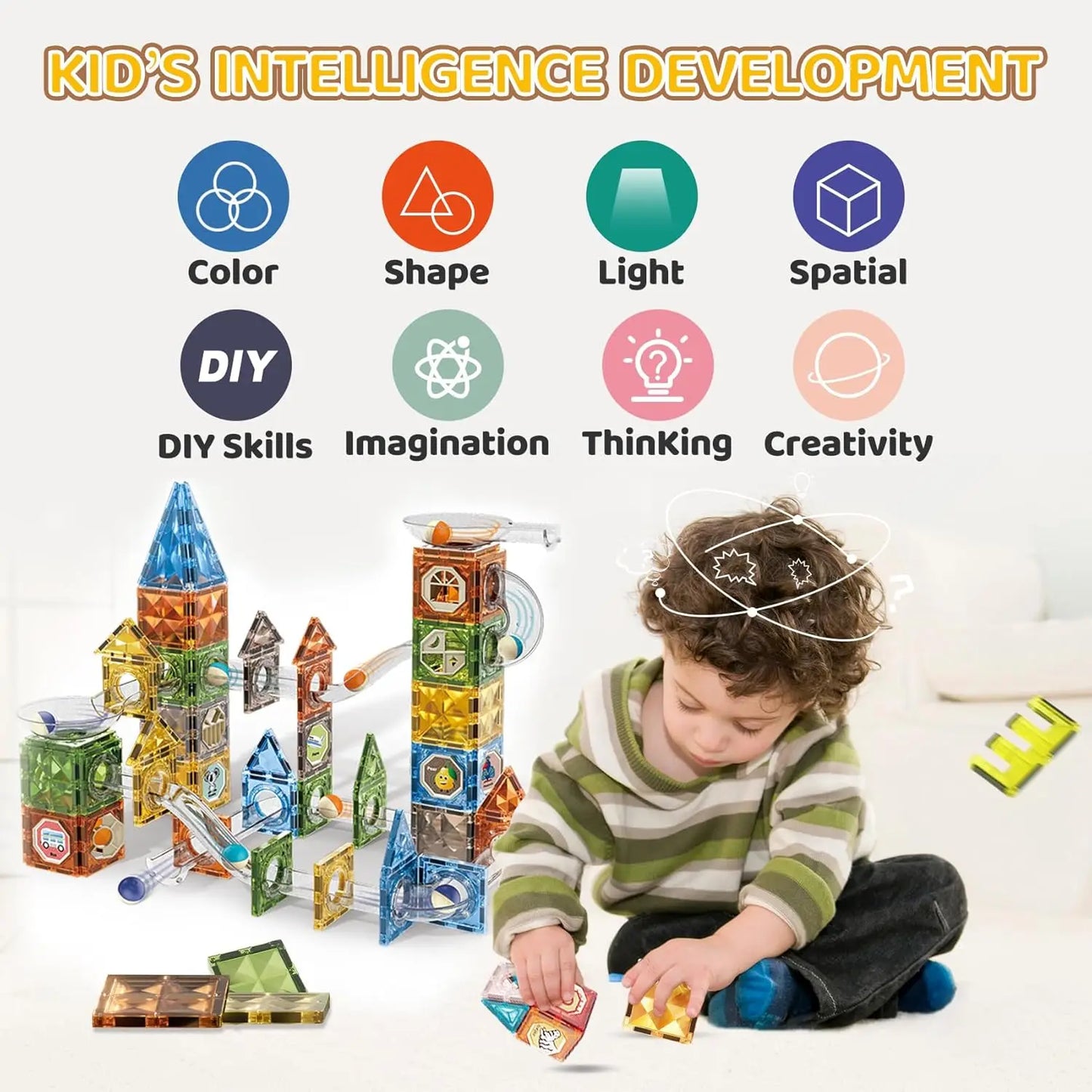 A child plays with the Magnetic Marble Run Building Blocks Set on the floor, building vibrant structures. Text above showcases features: shape, color, light, spatial awareness, DIY skills, imagination, creativity. This colorful STEM toy stimulates thinking and enhances playful exploration.