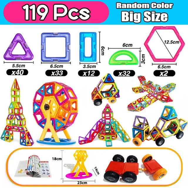 The Giant Magnetic Building Blocks Set for Kids includes 119 pieces in various shapes like triangles, squares, and hexagons. Ideal for STEM learning, it forms 3D models such as a Ferris wheel, cars, and towers. The bottom image shows a child enjoying these safe and durable toys.