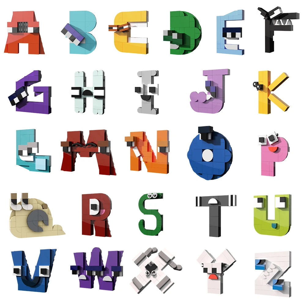The Gobricks MOC Letters Lore A-Z English Alphabet Building Blocks Set is an educational toy for children featuring colorful 3D letter blocks with fun faces—perfect for playful learning, shipped without box.