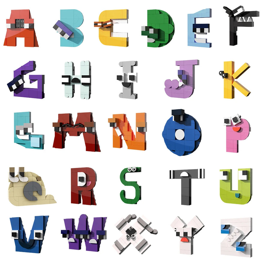 The Gobricks MOC Letters Lore A-Z English Alphabet Building Blocks Set is an educational toy for children featuring colorful 3D letter blocks with fun faces—perfect for playful learning, shipped without box.