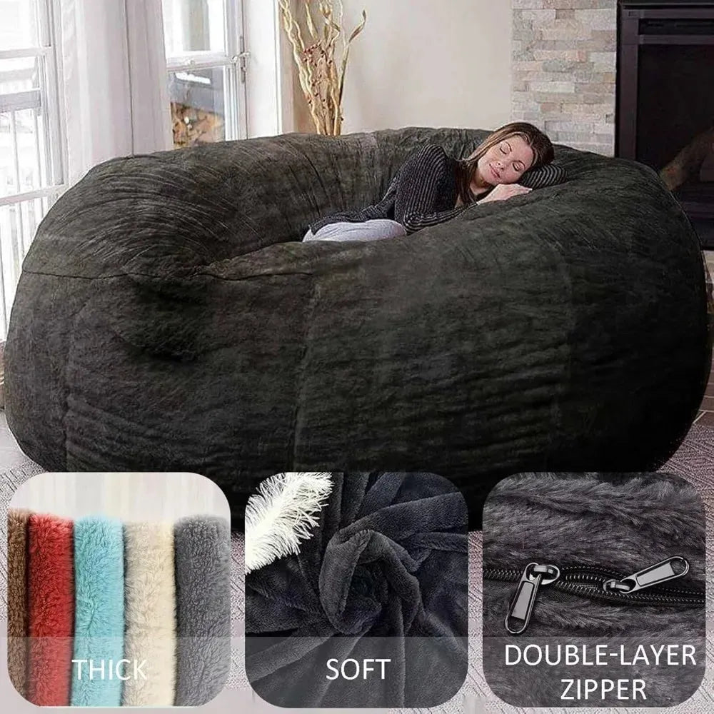 A woman relaxes on a Giant 6FT Cozy Plush Bean Bag Chair for Adults and Families in a cozy room. Inset images showcase its thick material, soft texture, and double-layer zipper. The room features a window, fireplace, and decorative vase.
