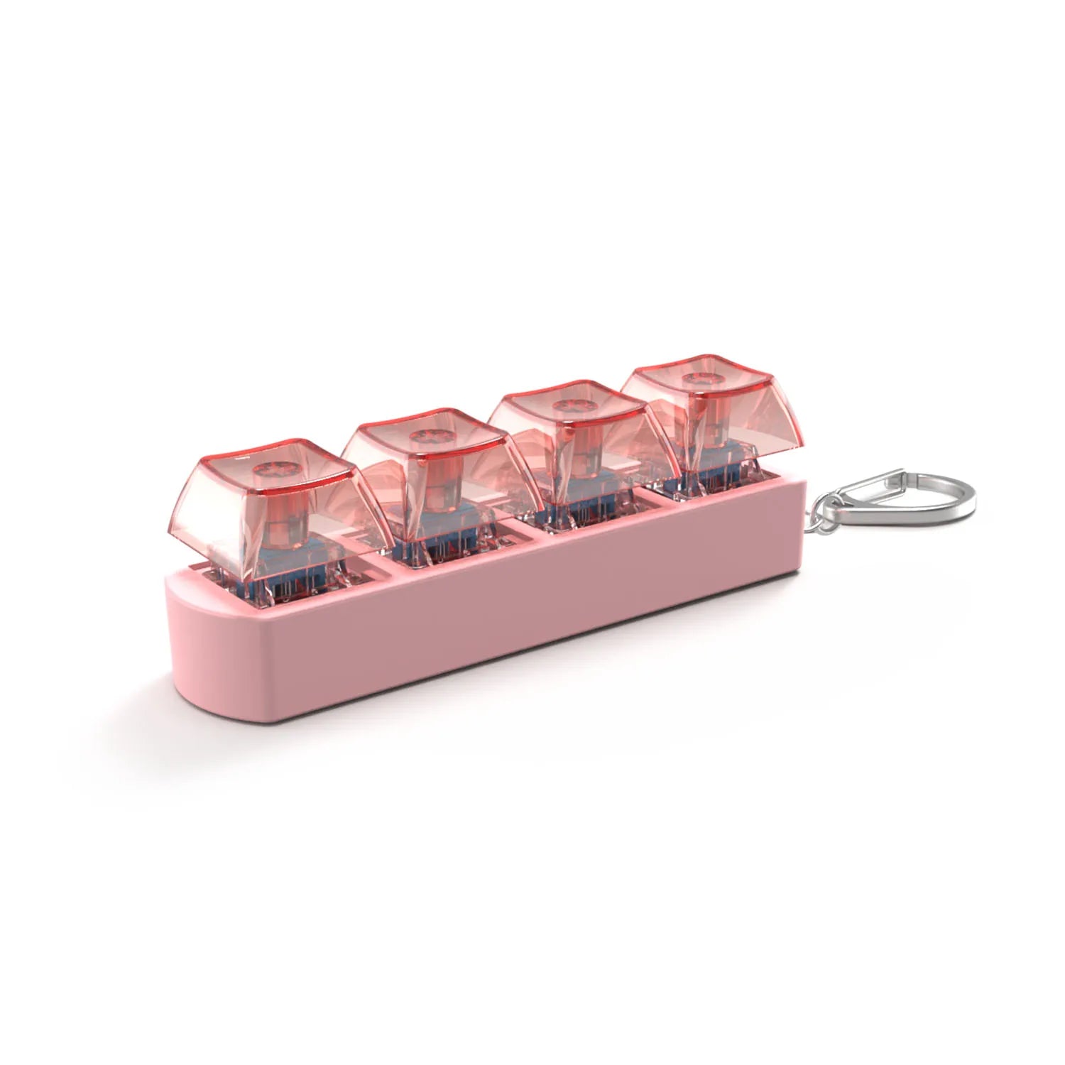 The 4Keys Finger Button Anti Stress Keychain features four clear pink mechanical keyboard keycaps, creating a fun decompression toy thats perfect for office or on-the-go stress relief for kids and adults.