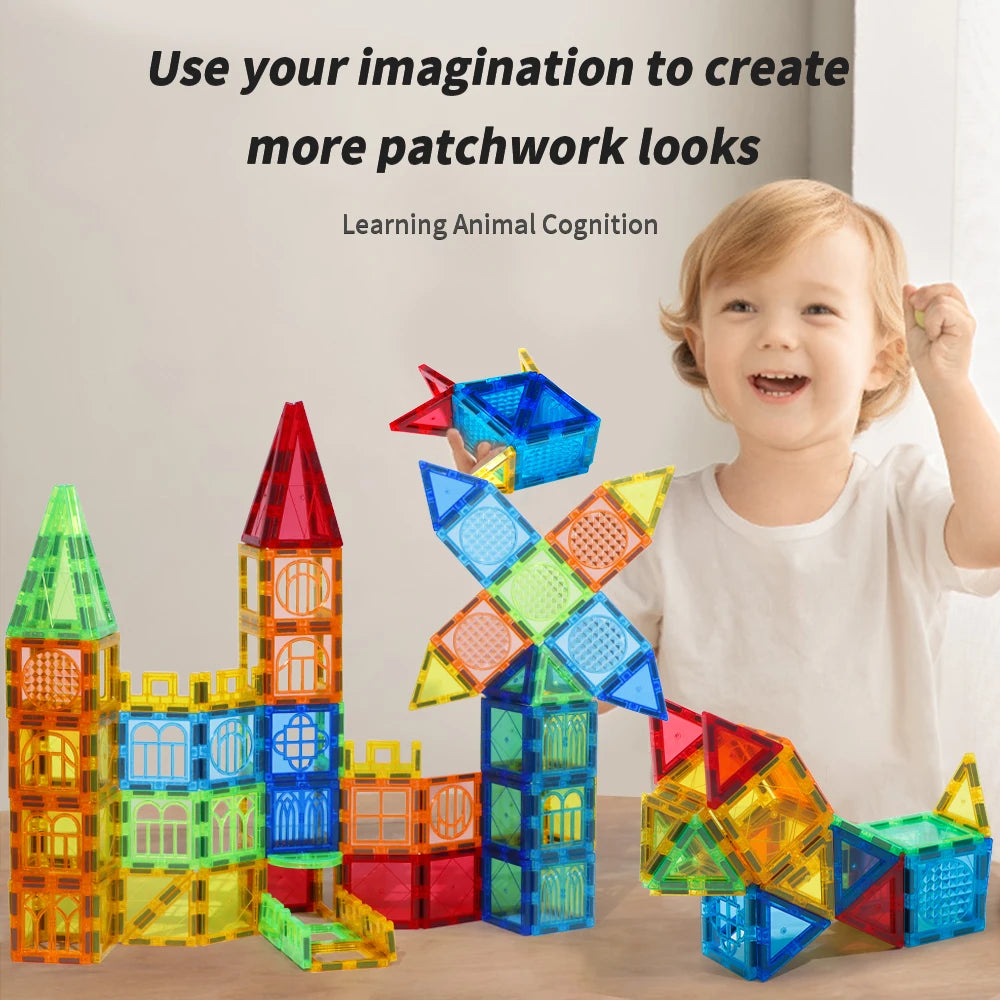 A smiling child eagerly plays with Romboss Magnetic Educational Architecture Puzzle, building vibrant abstract structures. The text reads, Use your imagination to create more patchwork looks and ignite STEM learning.