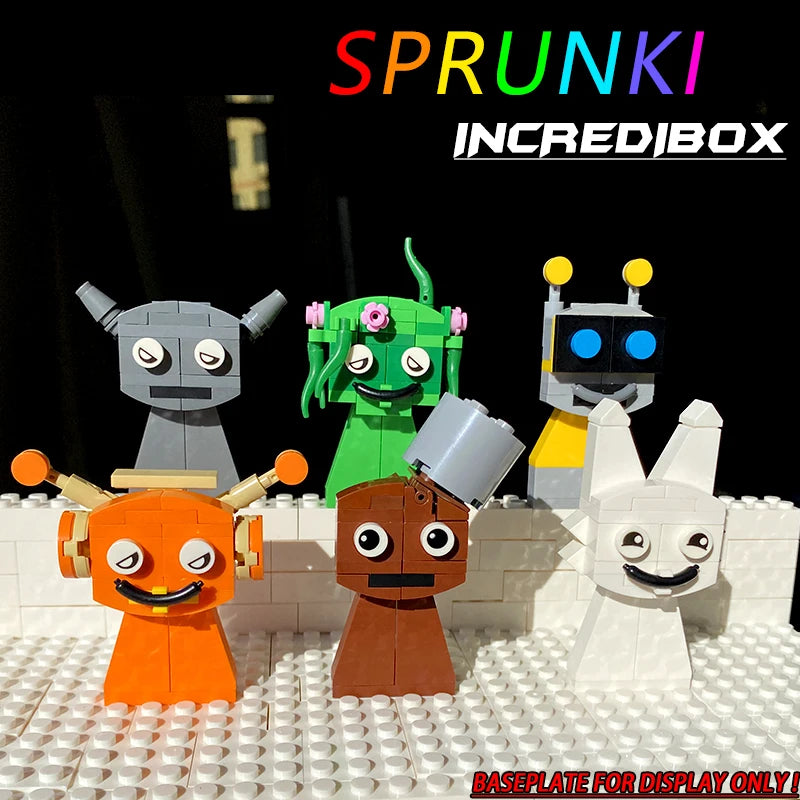 Six colorful LEGO figures with unique faces stand on a white baseplate. Text above says SPRUNK! New Moc Incredibox Sprunki Building Blocks Set Horror Anime Music Game Bricks Toy Birthday Christmas Gifts. Bottom text: BASEPLATE FOR DISPLAY ONLY!.