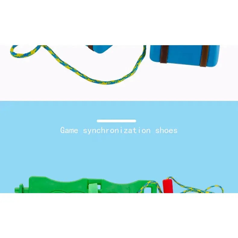 A colorful jump rope intertwines with two sets of bright green and blue platform shoes on a blue backdrop, ideal for sensory training. Text reads Interactive Outdoor Balance Board Seesaw for Kids - Sensory Training Toy for Fitness and Fun.