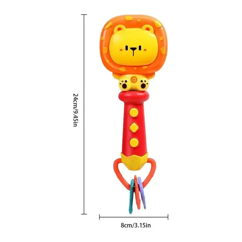 The Musical Teething Rattle with LED Lights features a playful lion face, a red handle with yellow accents and a bear face, plus three rings at the bottom. At 24cm tall and 8cm wide, its an ideal interactive learning toy for little hands to explore and enjoy.