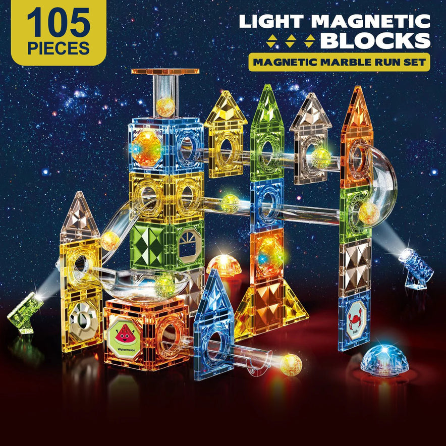 A set of colorful, light-up magnetic blocks transforms into a dazzling structure with tunnels and slides for STEM learning. Text shows 105 pieces and Magnetic Marble Run Building Blocks Set. Perfect for young builders exploring construction magic!.