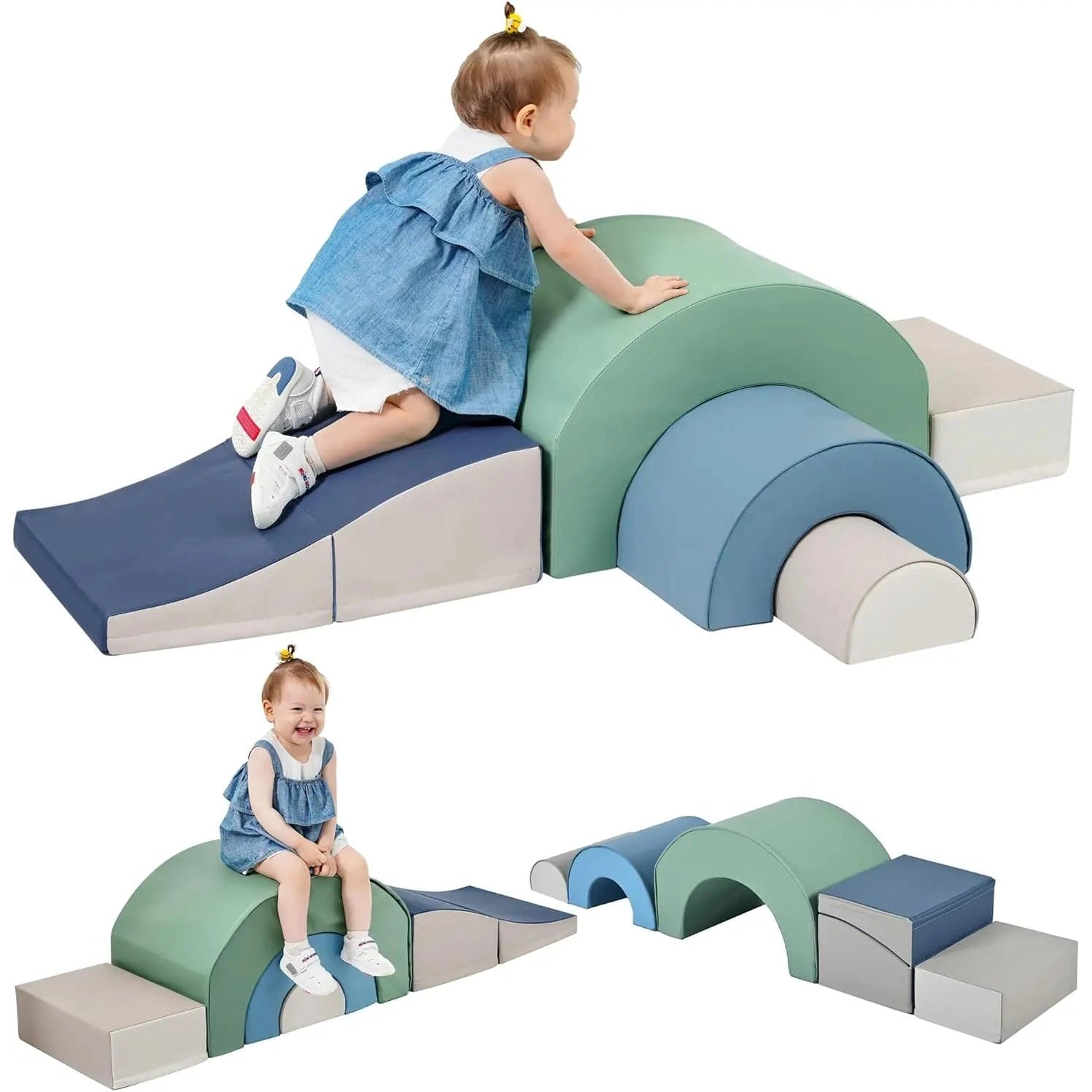 A toddler climbs and sits on the Rainbow Soft Play Set—earthtone foam blocks in ramp, arch, and rectangle shapes with a foldable slide—perfect indoor climbing and crawling toys for boys and girls.