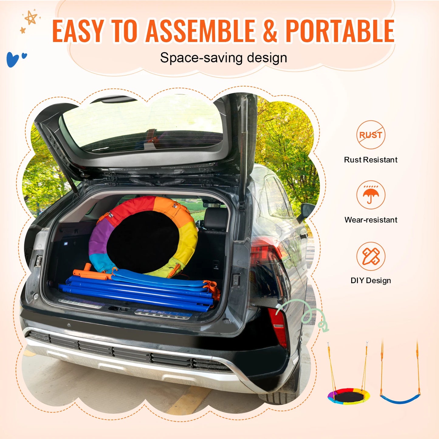 The image displays a car with its trunk open, showing a colorful disassembled swing. Text highlights: Easy to Assemble & Portable, Rust Resistant, Durable Construction, and DIY Design. The VEVOR Backyard Adventure Swing Set features blue poles and a multicolored seat for versatility.