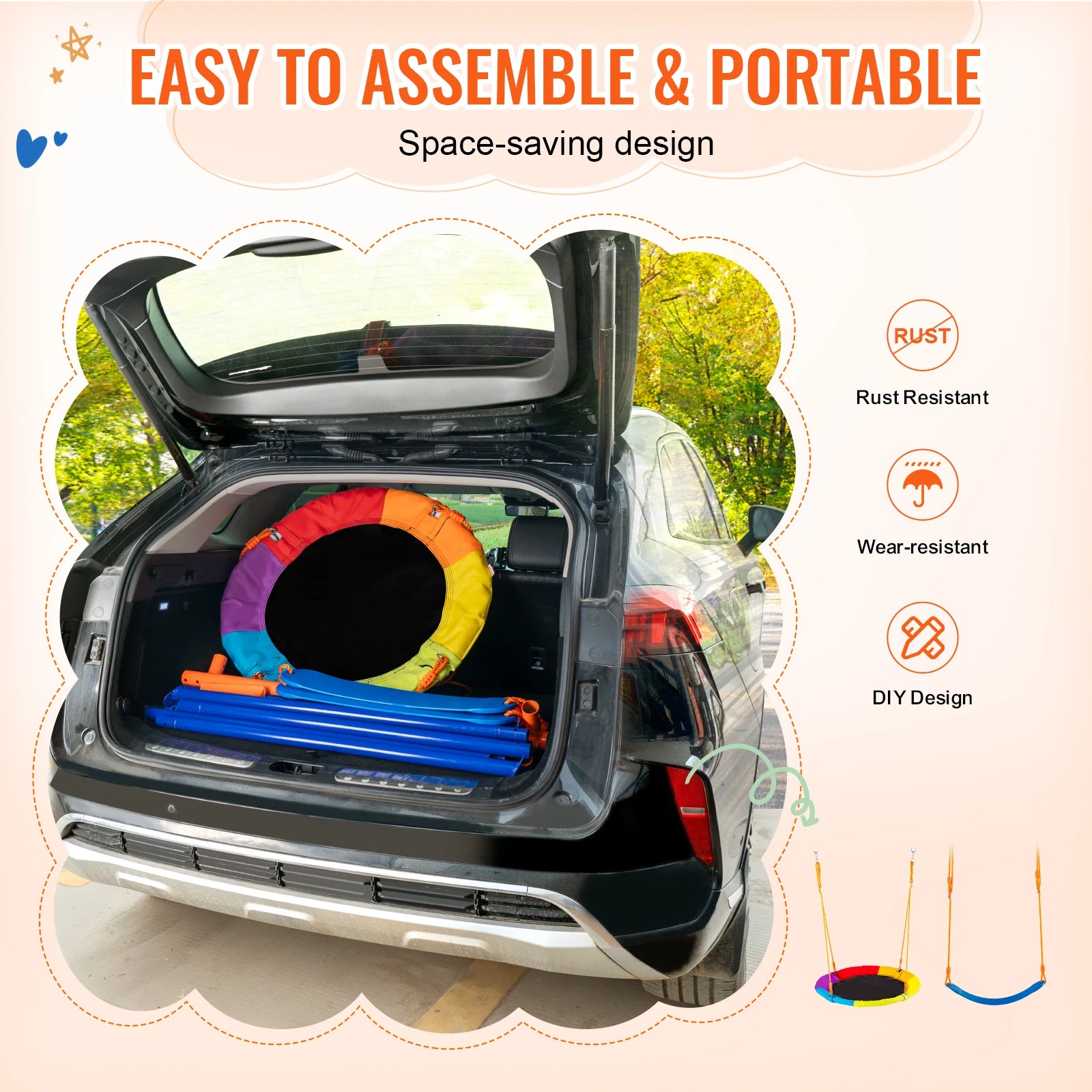 The image displays a car with its trunk open, showing a colorful disassembled swing. Text highlights: Easy to Assemble & Portable, Rust Resistant, Durable Construction, and DIY Design. The VEVOR Backyard Adventure Swing Set features blue poles and a multicolored seat for versatility.