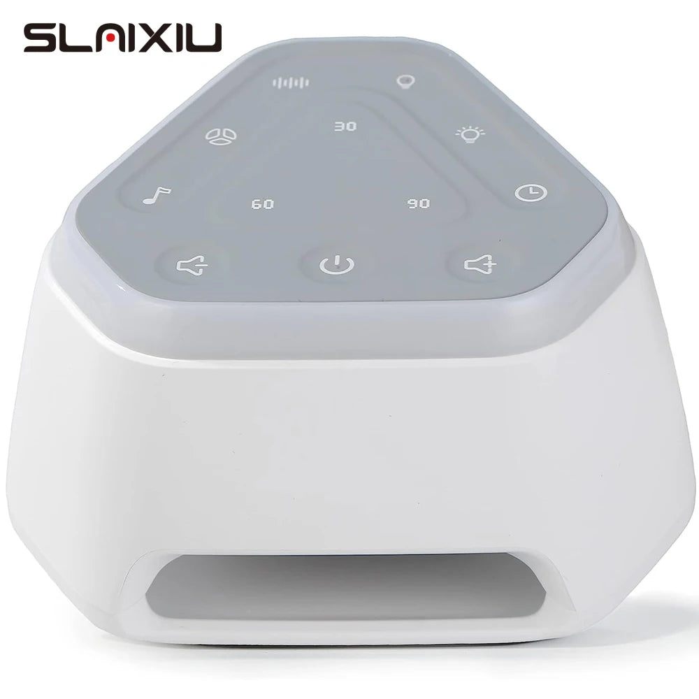 The gray Rechargeable Baby Sleep Sound Machine with White Noise and Night Light Timer features a triangular design with a touch-sensitive control panel on top, displaying power, timer, and brightness icons. The brand name is elegantly placed in the top-left corner of its base.