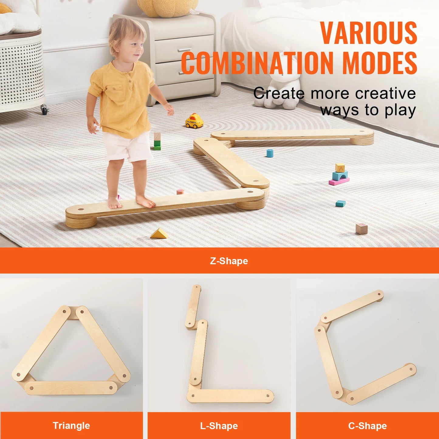 A child steps on Montessori-style Wooden Toddler Balance Beam Stepping Stones, arranged in a zig-zag. Text reads Various Combination Modes and Create more creative ways to play, with images showing triangle, L-shape, and C-shape designs.