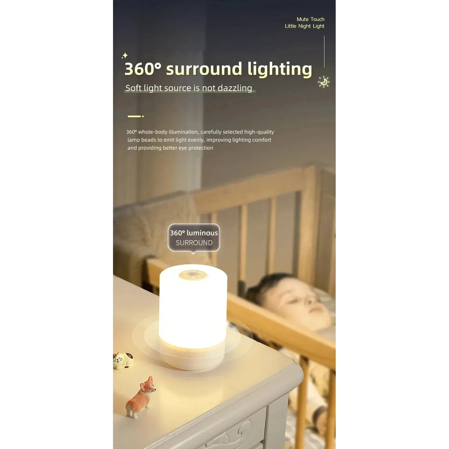 A serene night scene features the Rechargeable Dimmable Touch LED Night Light USB Table Lamp near a child in a crib, offering 360° soft lighting for eye protection. Nearby toy animals enhance the tranquil atmosphere, making it an ideal Christmas gift for kids bedroom decor.