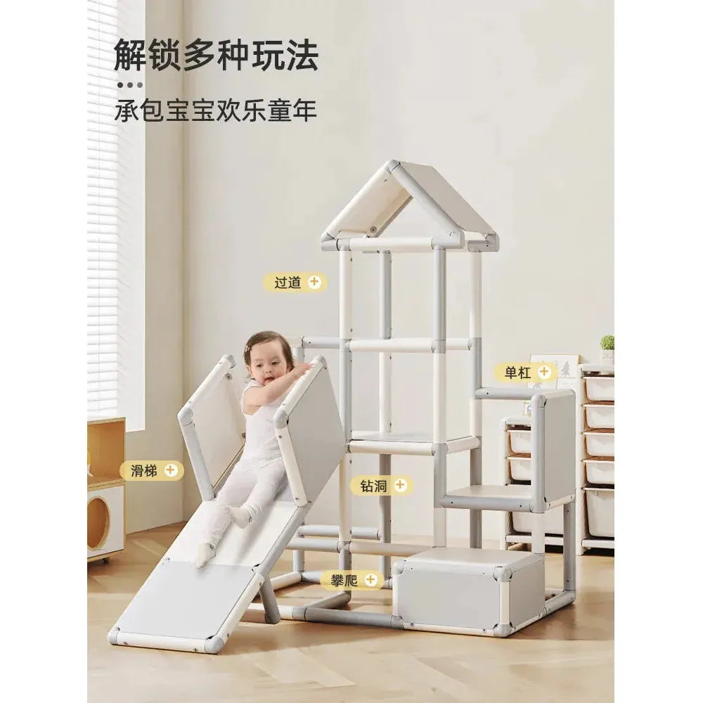 The Indoor Climbing Adventure Set for Kids features a modular design in white and gray, complete with a baby slide, ladder, and other fun elements labeled in Chinese. It offers sensory integration training activities against a serene backdrop of white curtained windows.
