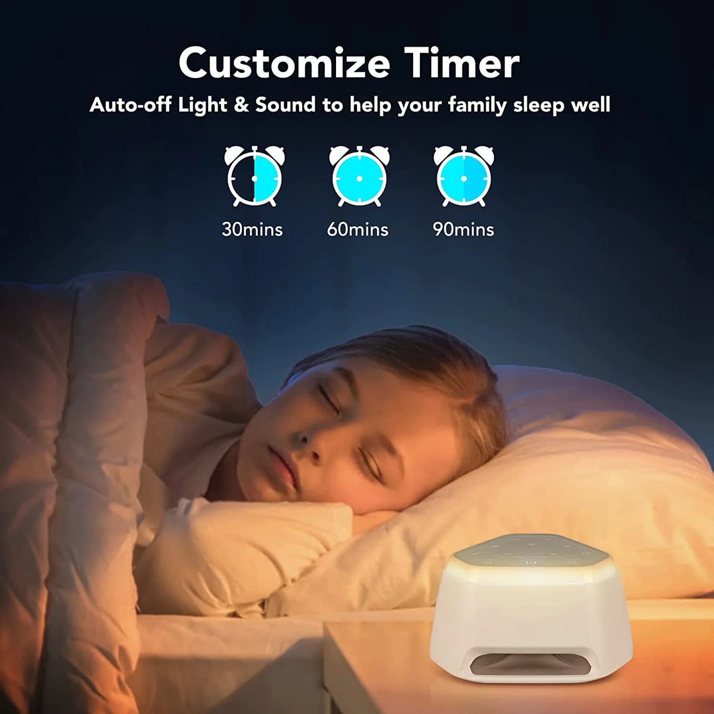 A child sleeps peacefully next to the Rechargeable Baby Sleep Sound Machine, featuring a USB night light. The text reads: Customize Timer - Auto-off Light & Sound for better sleep, showing clock icons for timed shutdown options of 30, 60, and 90 minutes.