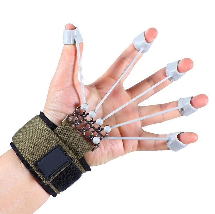 A hand dons a Forearm Grip Strengthener, featuring five elastic bands and finger loops with an adjustable wrist strap, aiding finger stretching recovery exercises while serving as a hand and finger trainer for improved grip power.