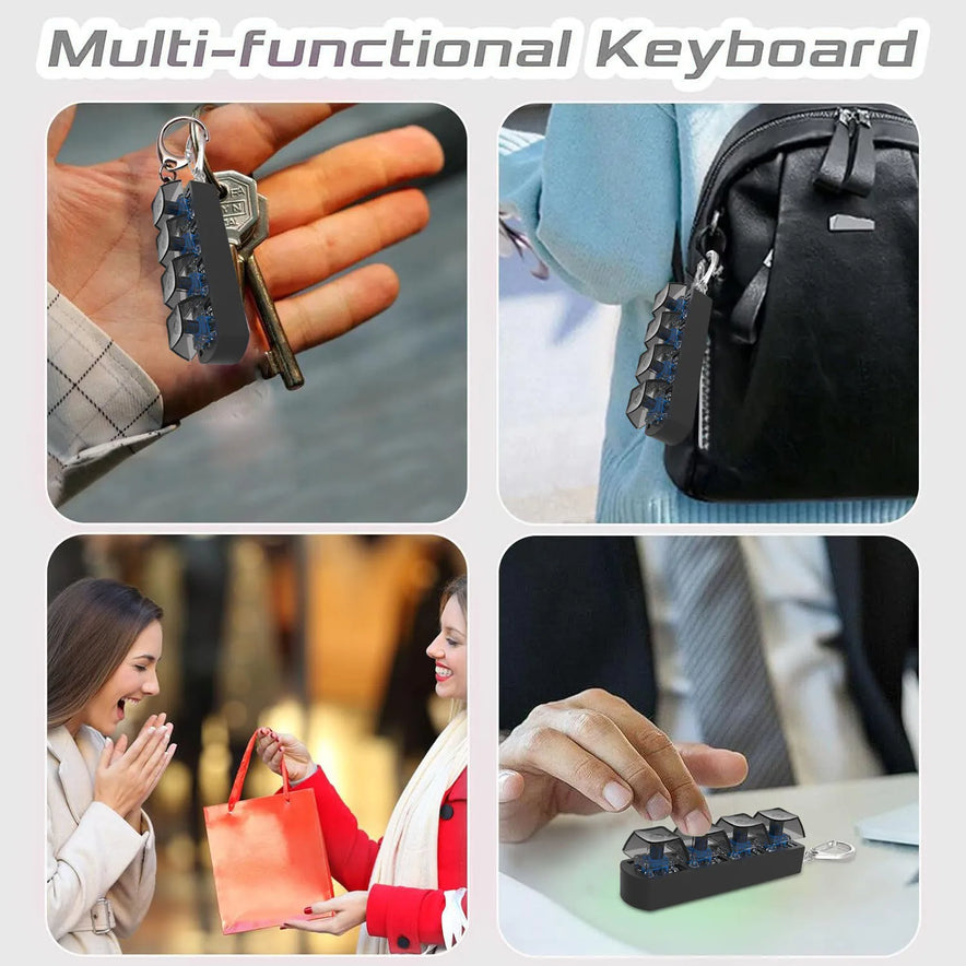 Collage of the 4Keys Finger Button Anti Stress Toys—mechanical keyboard keycaps as a multifunctional keychain, shown on a backpack, being gifted, and used on a desk by someone in business attire. Perfect calming gift for kids and adults.