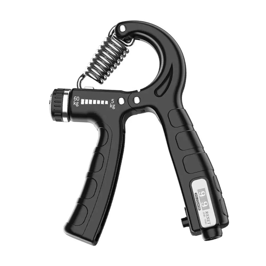 The Adjustable Hand Grip Strengthener for Muscle Development and Injury Recovery features a black metal spring offering 5-60 kg resistance. With an ergonomic handle, it suits all fitness levels for comfortable grip strength training.