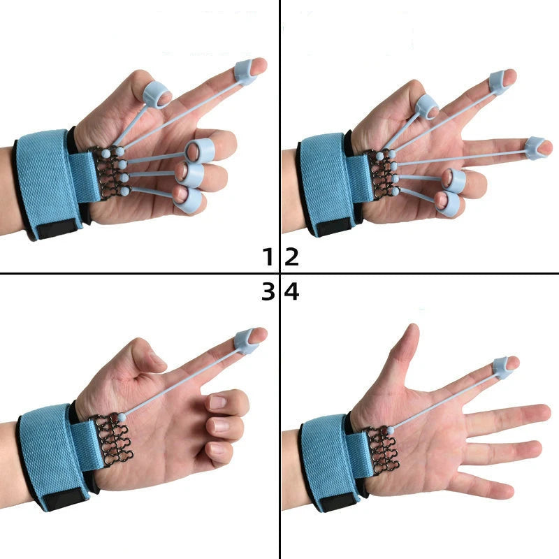 The Forearm Grip Strengthener - Hand and Finger Trainer for Enhanced Grip Power is depicted in four steps, showcasing hand positions and movements with blue elastic bands and finger loops, aiding finger extension, wrist support, and rehabilitation as part of a strength routine.