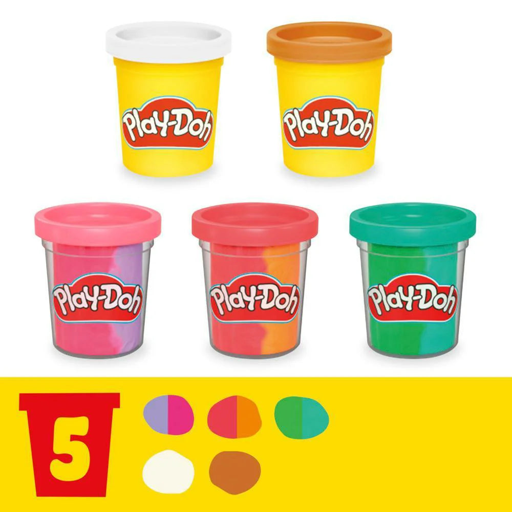 Image of five Play-Doh containers with lids in white, orange, pink, red, and green. Swatches: purple, pink, orange, green, white. The yellow background shows a red 5 inside a container shape. Unleash your creativity with the Hasbro Play-Doh Rainbow Swirl Ice Cream Playset!.