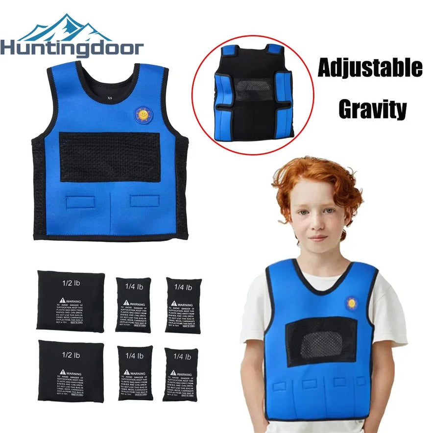 A child wears the Breathable Adjustable Weight Vest for Kids with blue and black details, Huntingdoor at the top, and pound-marked weight bags on the left side. This innovative vest provides emotional support and stress relief through customizable weight distribution.