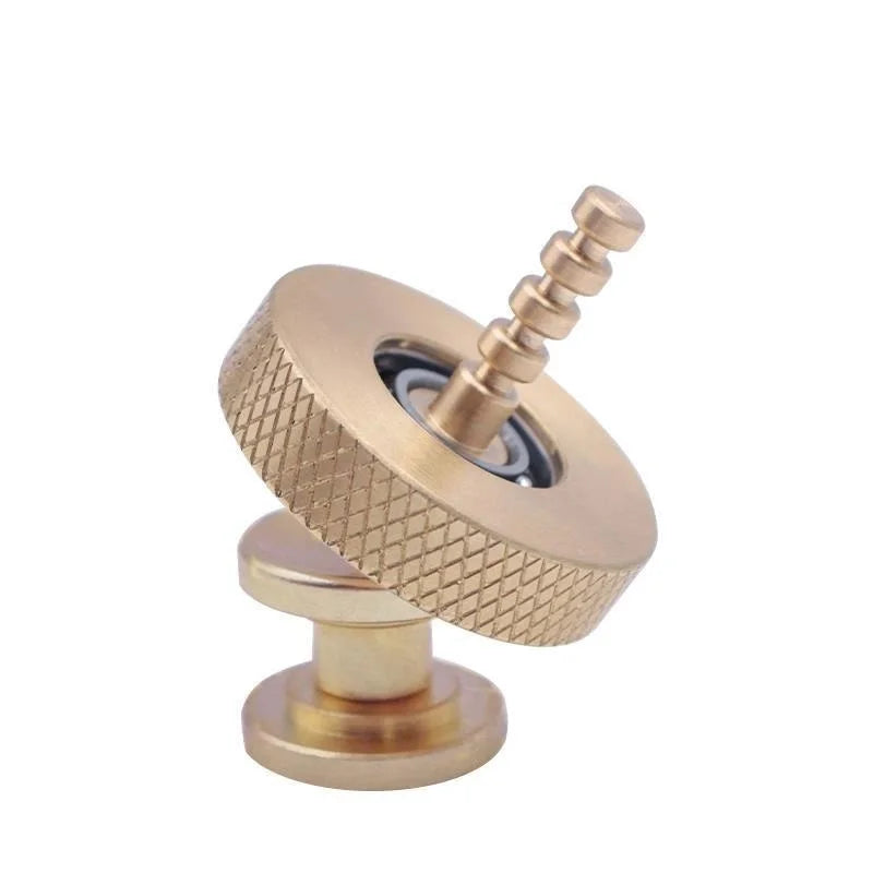 The Creative Whirlwind Fidget Spinner boasts an innovative brass design with a textured surface, a spiral-patterned central rod, and visible ball bearings. It doubles as an elegant display item and stress relief tool on its smooth stand against a plain white background.