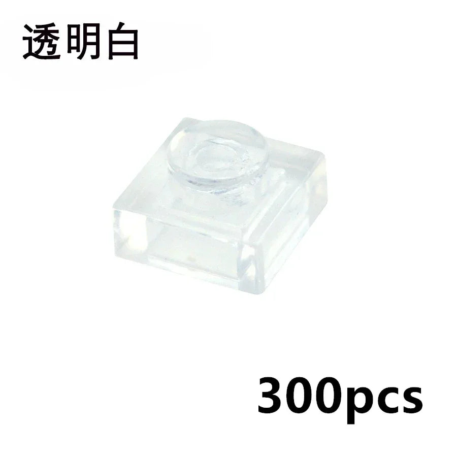 A transparent 1x1 MOC Bulk Brick, compatible with Lego, is shown on a white background. Chinese text is at the top left and 300pcs appears bottom right—ideal for building block collections or creative constructions.