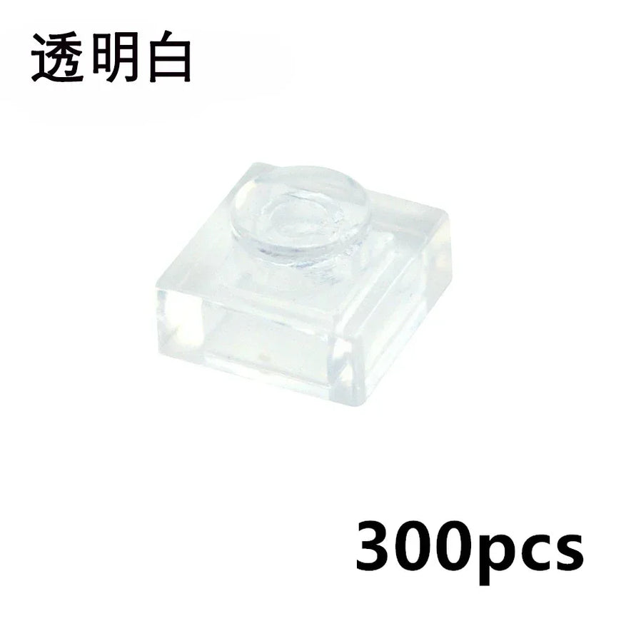 A transparent 1x1 MOC Bulk Brick, compatible with Lego, is shown on a white background. Chinese text is at the top left and 300pcs appears bottom right—ideal for building block collections or creative constructions.