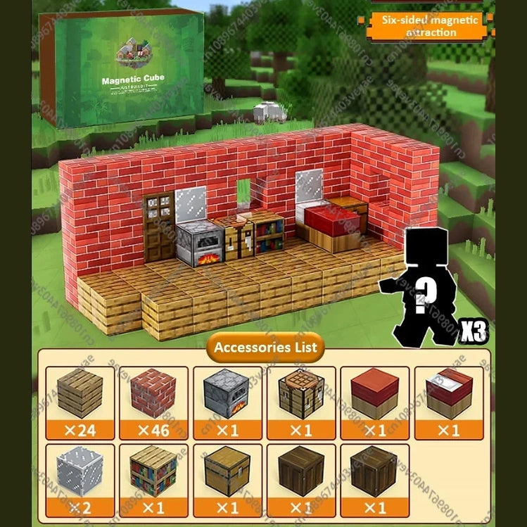 The Magnetic Building Blocks Mine World Magnet Cube Set (T052-80PCS) for kids ages 3+ includes 80 pieces—bricks, furniture, and three figures—for building a Minecraft-style room; this DIY Montessori STEM toy features accessory quantities.