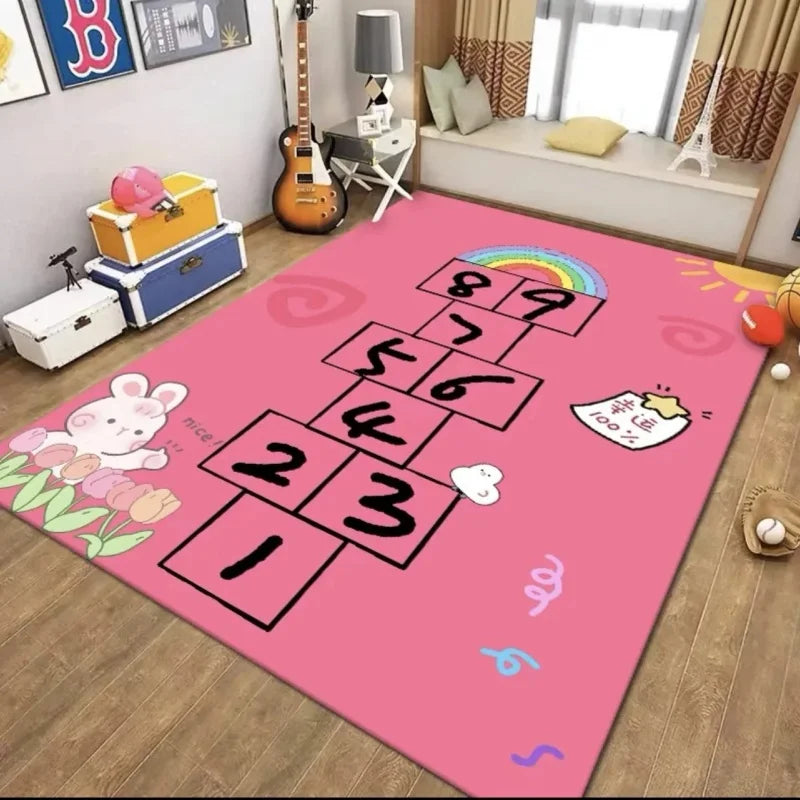 The MINISO Cartoon Hopscotch Carpet is a non-slip mat for childrens rooms or study areas, featuring colorful numbers 1 to 9, playful doodles, and a charming design—ideal as a floor mat or stylish home decor. Available in 6 colors.