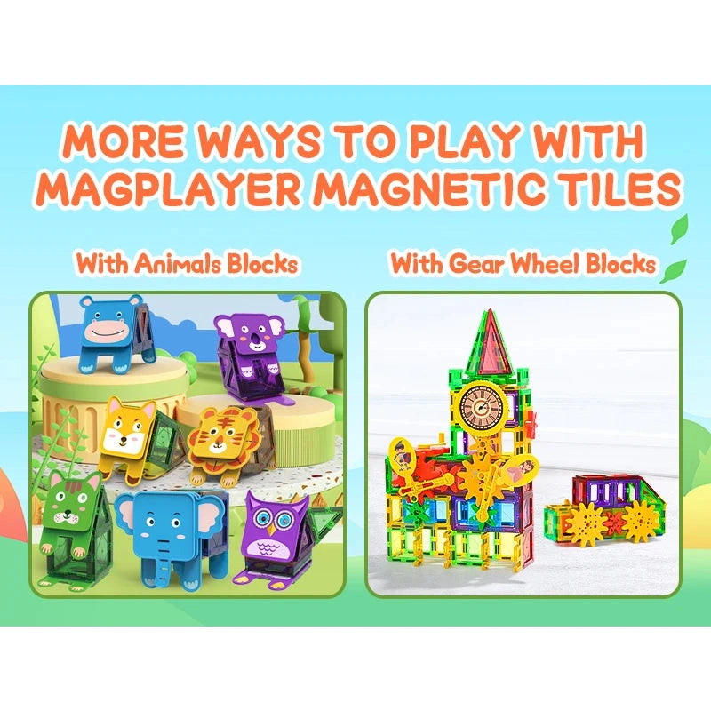 A colorful ad for Magplayer Magnetic Building Blocks, featuring animal blocks on the left and gear wheel blocks on the right against a playful backdrop. Vibrant colors and diverse shapes inspire creativity in children with this entertaining educational toy.