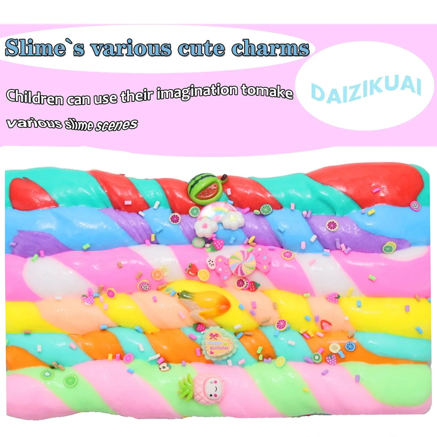 The Slime Fluffy Kit by DAIZIKUAI includes 50ml of colorful pastel slime with charms like fruits, flowers, and candies. Its a safe, non-toxic toy that encourages children to use their imagination and create scenes while exploring creativity.
