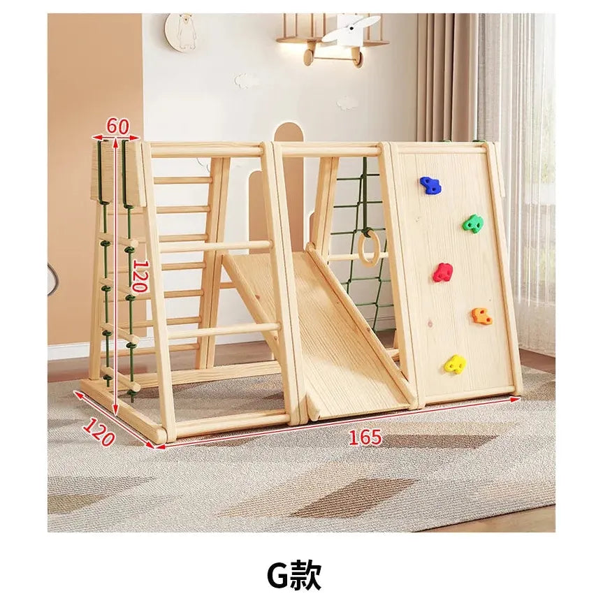 The Indoor Wooden Climbing Frame for Kids with Slide and Swing is a sensory play set designed for development. It includes a climbing ladder, slide, and rock wall, crafted from solid wood. Dimensions are 120 cm (height), 165 cm (length), 120 cm (width) and it rests on a carpeted floor against a neutral wall.