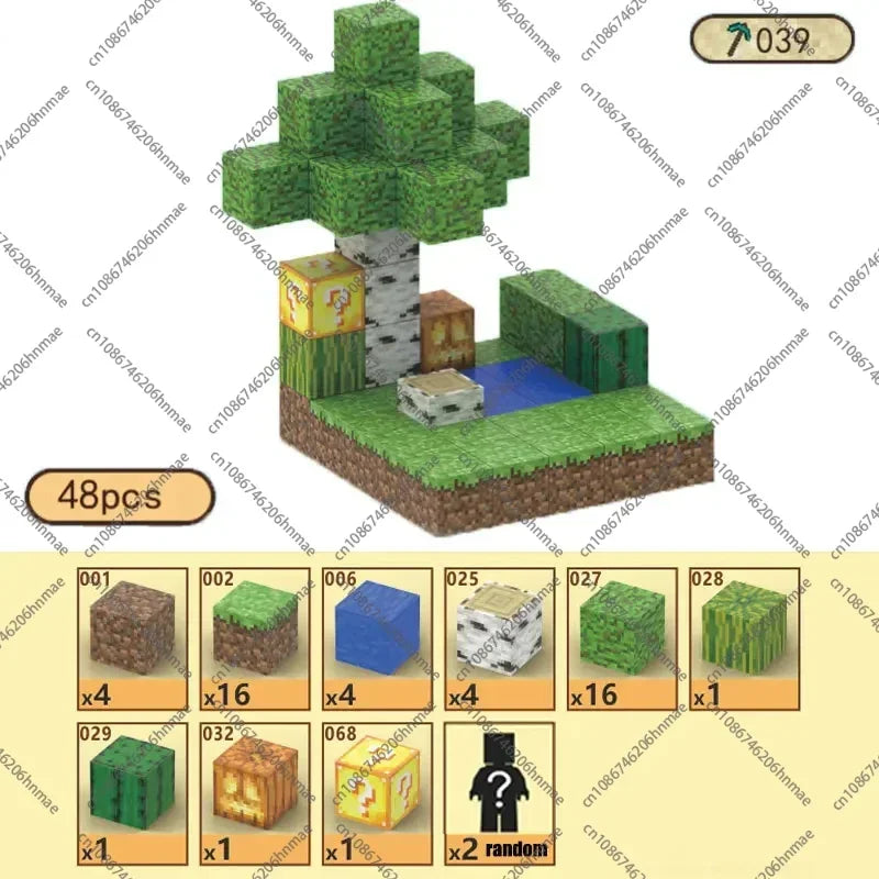 The Magnetic Building Blocks Mine World Magnet Cube Set (T039-48PCS) features 48 Minecraft-style blocks—grass, dirt, wood, water, and a yellow chest—for kids 3+, great for Montessori STEM play. Build a tree, pond, and landscape for endless fun.