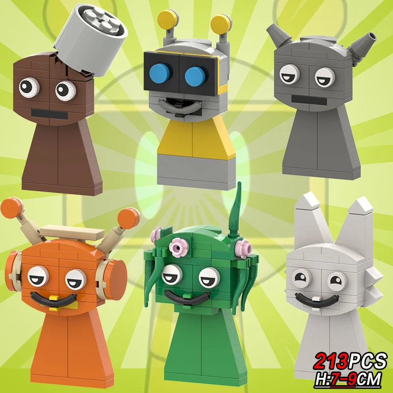 Six robot and creature heads from the New Moc Incredibox Sprunki Building Blocks Set (213pcs) are arranged in two rows on a green background. 213 PCS and H: 7-9 CM appear in the bottom right corner.