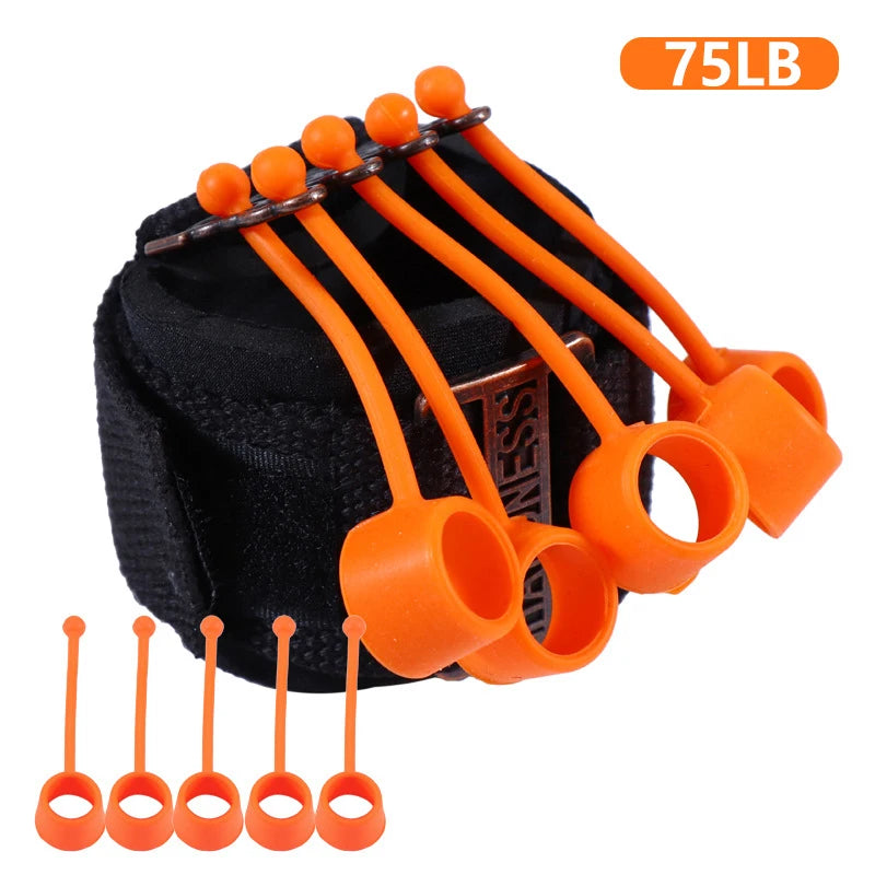 A black wristband with six orange 75LB resistance bands is featured for fitness training. Close-up shows handles on one end, doubling as the Forearm Grip Strengthener - Hand and Finger Trainer for Enhanced Grip Power to boost grip during workouts.