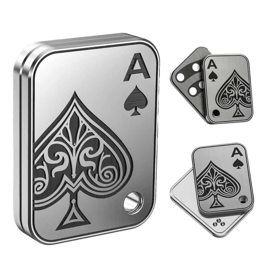 The EDC Metal Fidget Slider Magnetic Poker Push Card is a silver rectangular fidget toy with an engraved ace of spades design, shiny finish, corner hole, magnetic sliding, and multiple angle views—perfect for anxiety relief or as an office gift.