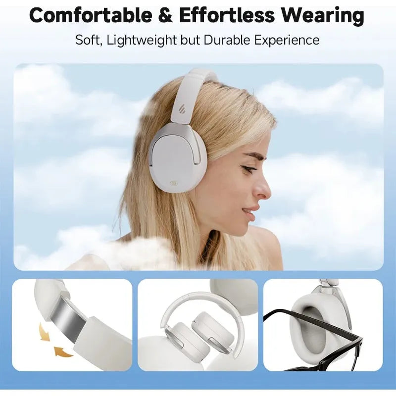 A woman wears Edifier W830NB Wireless Headphones against a cloudy sky. Images below show the headset’s metal connector, folded design, and resting on an open book with text: Comfortable & Effortless Wearing. Soft, Lightweight but Durable Experience.