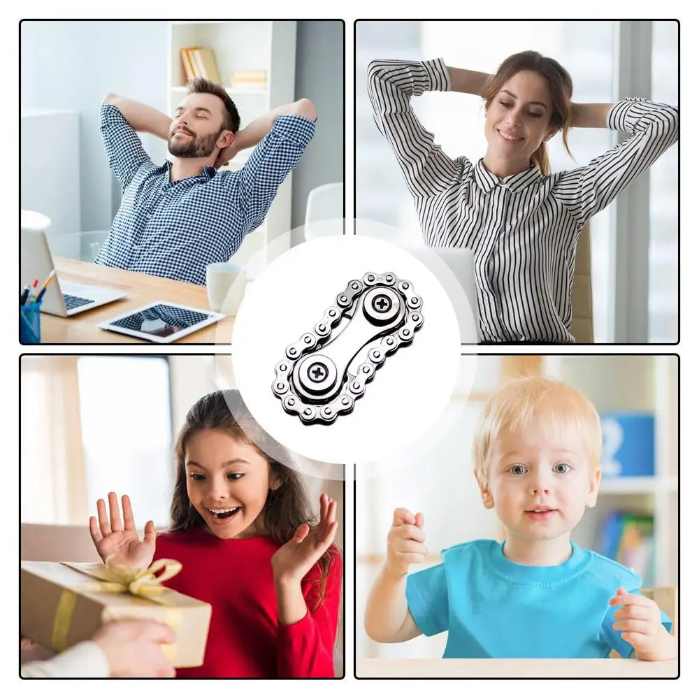 The images show a man at a desk, a woman stretching, a girl opening a gift, and a boy reaching out. In the center is the Sprockets Flywheel Fingertip Gyro Fidget Spinner—an ideal choice for dropshipping trendy fidget toys.