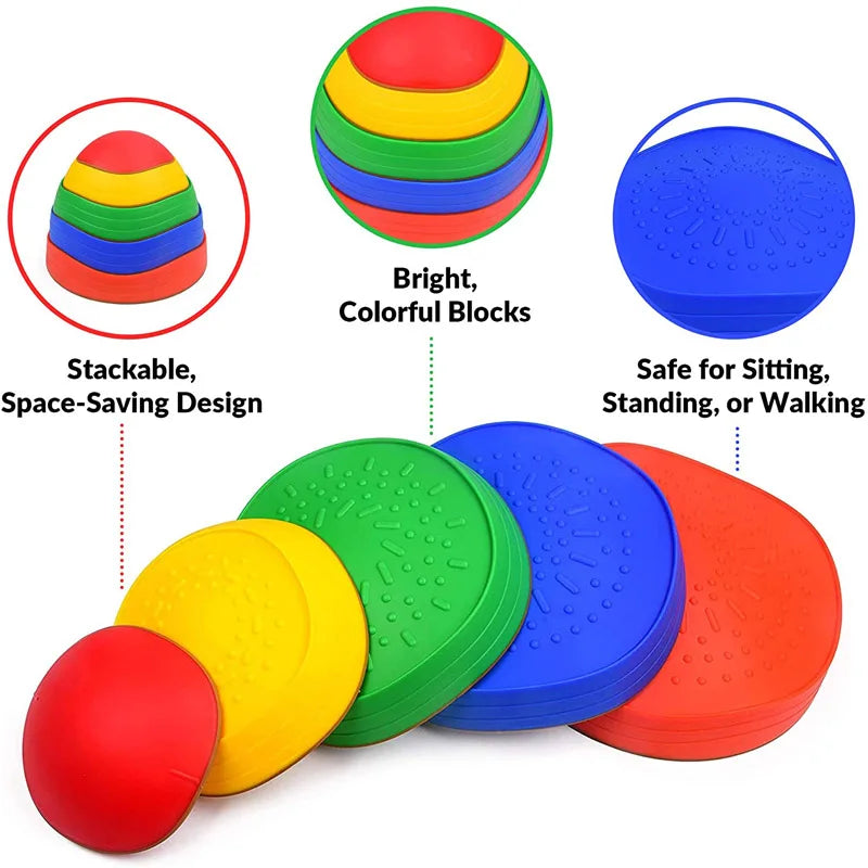 The Kids 5-Piece Outdoor Balance Stepping Stones Set features vibrant, stackable pods in red, yellow, green, and blue. Ideal for obstacle courses, they offer a safe way to sit, stand, or walk while saving space.