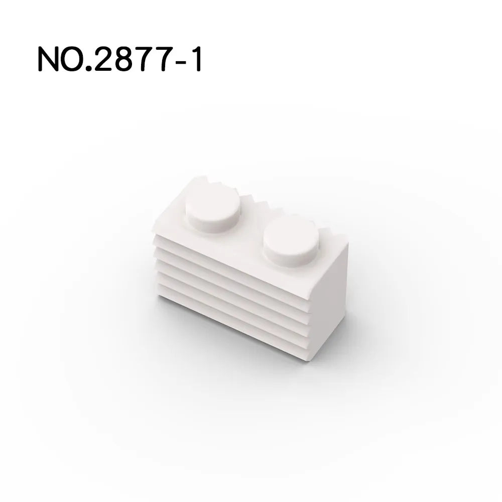 The 50 Pcs MOC Parts 2877 Brick Modified 1x2 with Grille Fluted Profile in white are compatible with Lego, featuring horizontal ridges and two studs—perfect for building creativity and fine motor skills.