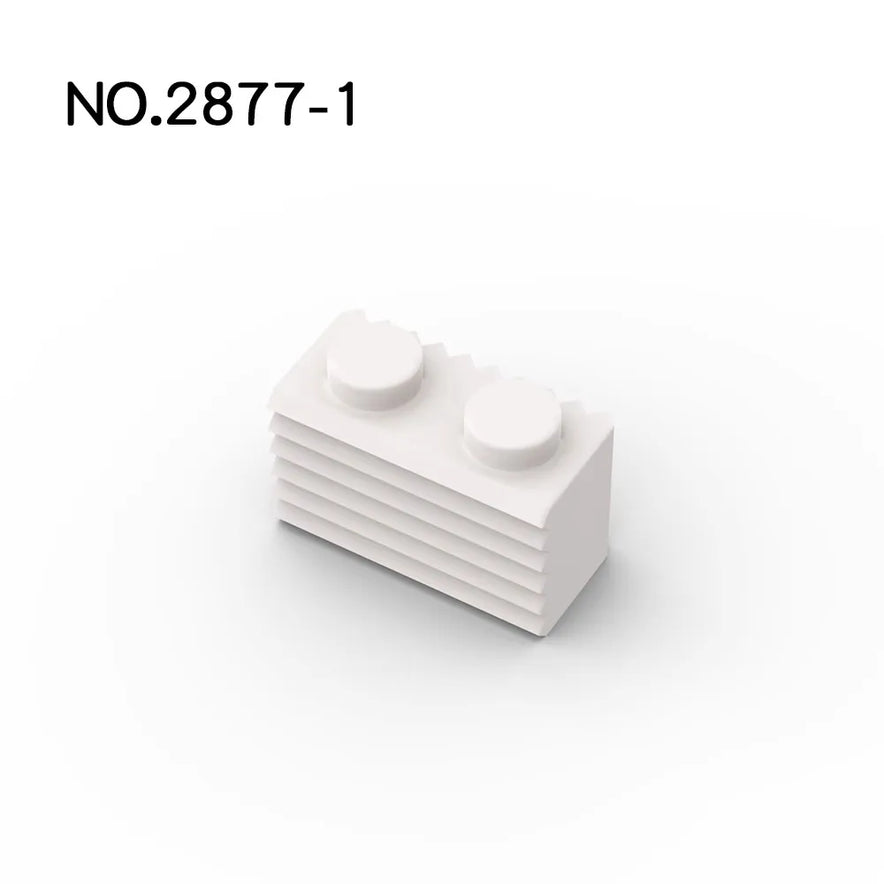 The 50 Pcs MOC Parts 2877 Brick Modified 1x2 with Grille Fluted Profile in white are compatible with Lego, featuring horizontal ridges and two studs—perfect for building creativity and fine motor skills.