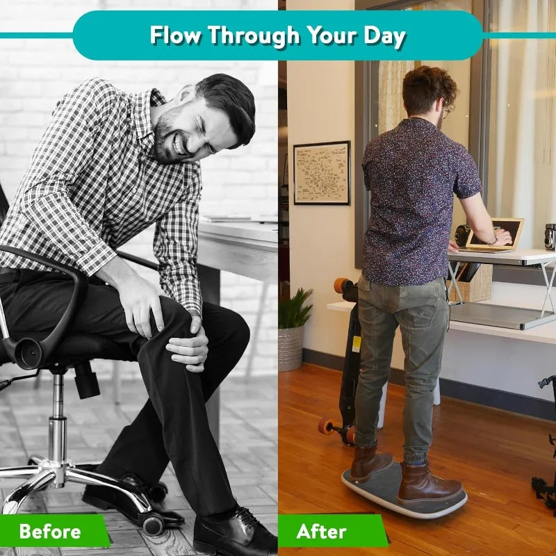 Split image: Left (black and white) shows a man sitting and holding his knee in pain. Right (color) shows him standing on the BASE Desk Standing Board - Wobble Board with Anti-Fatigue Mat at his desk, working comfortably with better posture.