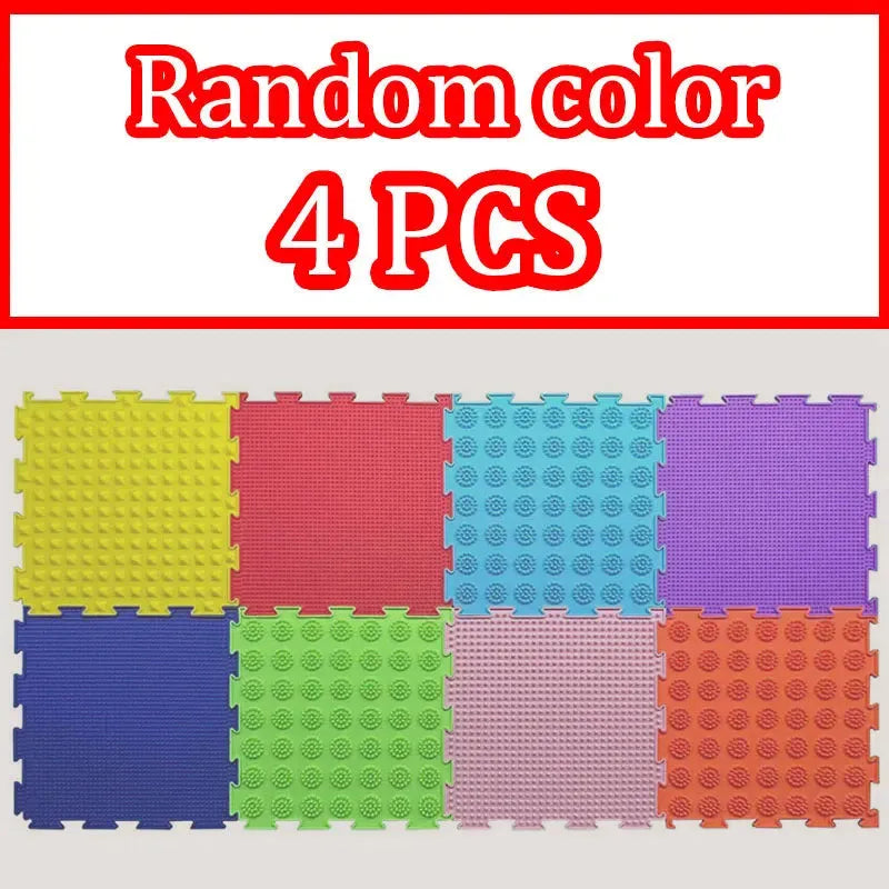 Image of eight vibrant interlocking foam mats in yellow, red, blue, purple, green, pink, light blue, and orange with text reading Random color 4 PCS. Ideal for Montessori Sensory Integration Foot Toys for Kids - Balancing Game and Educational Learning Materials for Ages 3-6.